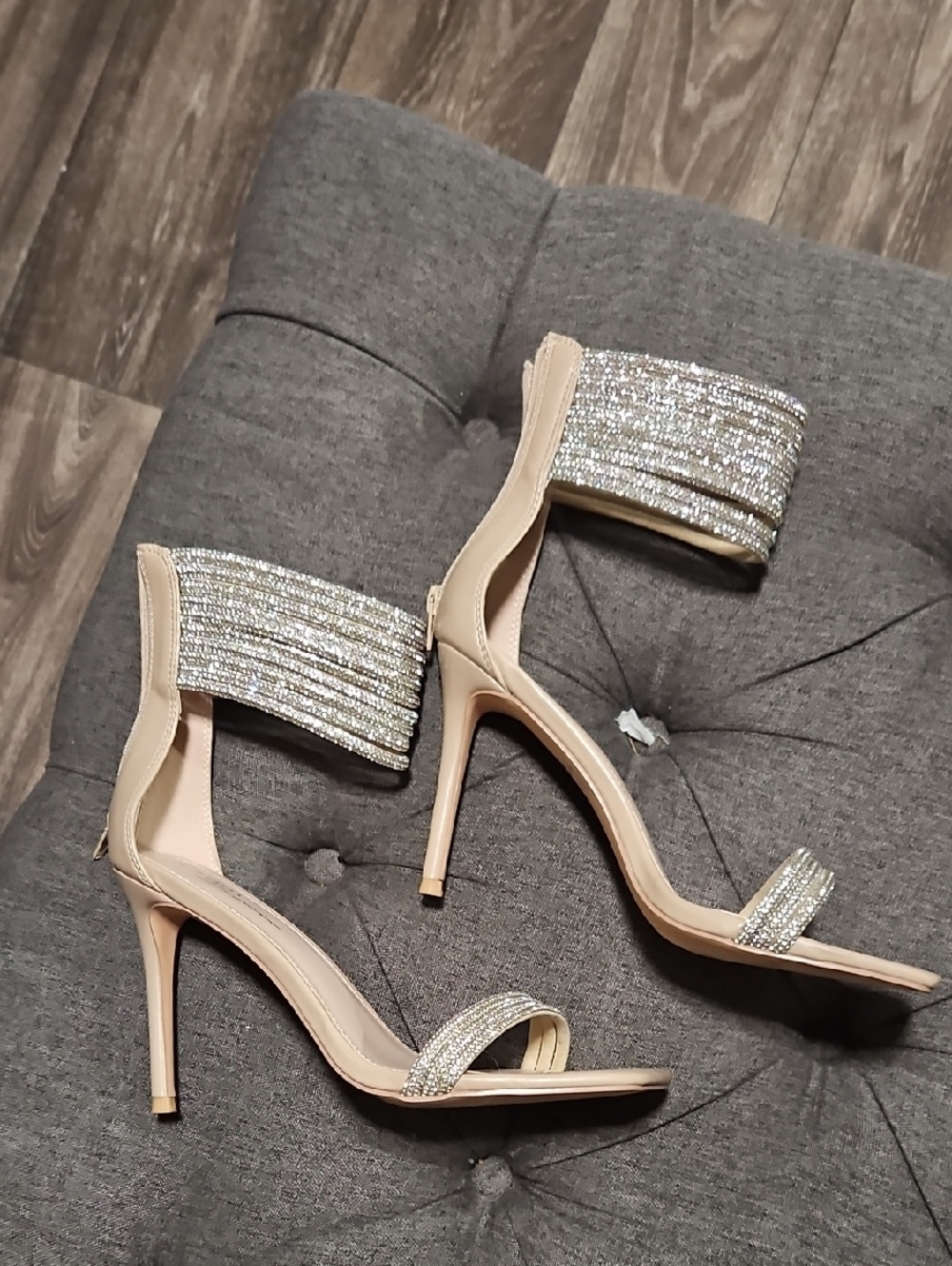 Nude Rhinestone Ankle Strap Stiletto Heels - Women
